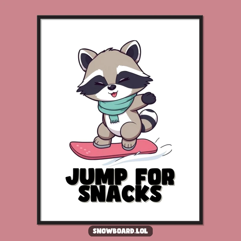 Funny Snowboarding Raccoon Poster: Winking Bandit's Jump, Quirky Wall Art
