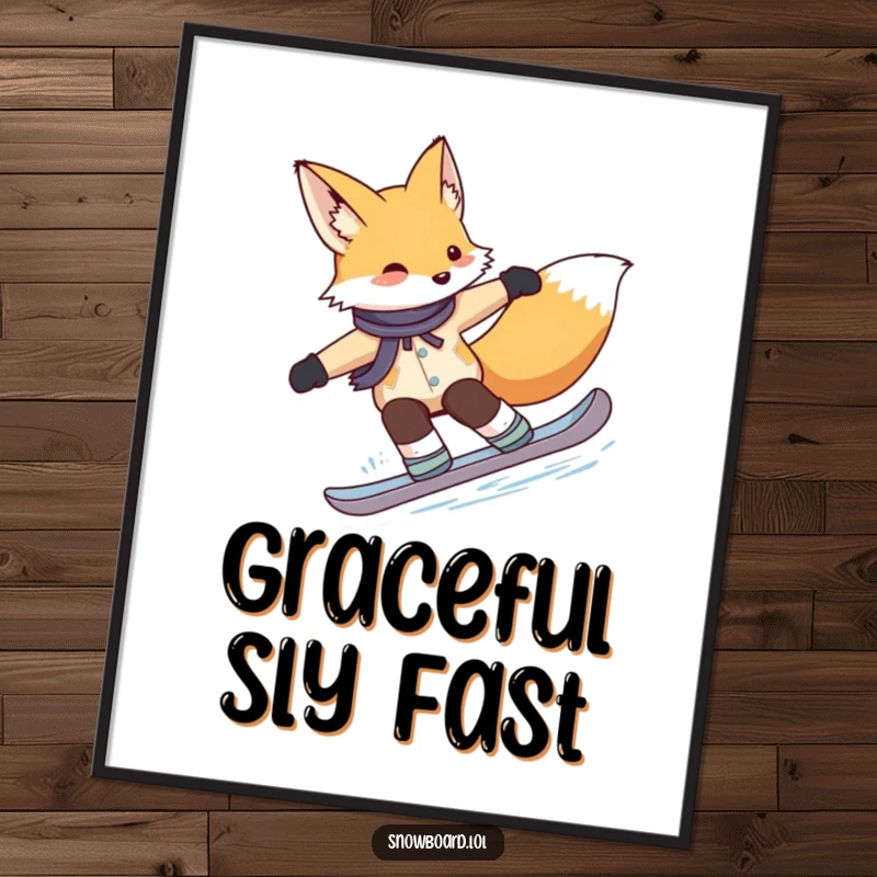 Funny fox poster, gracefully carving turns on a snowboard, embodying elegant winter sports execution and natural charm.