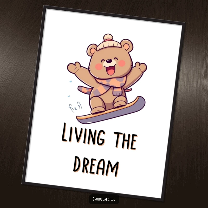 Funny playful bear snowboarding catching air, extreme wall art, joyful expression, wonderful funny gift for decor.