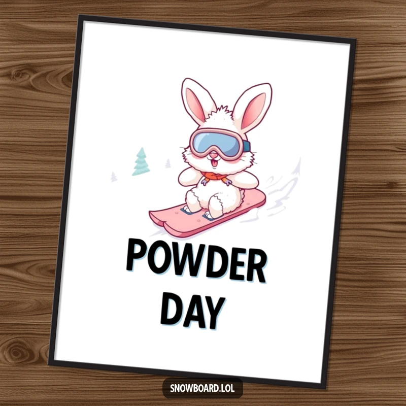 Funny fluffy bunny poster wearing goggles, snowboarding downhill. This adventurous artwork adds humor to walls.