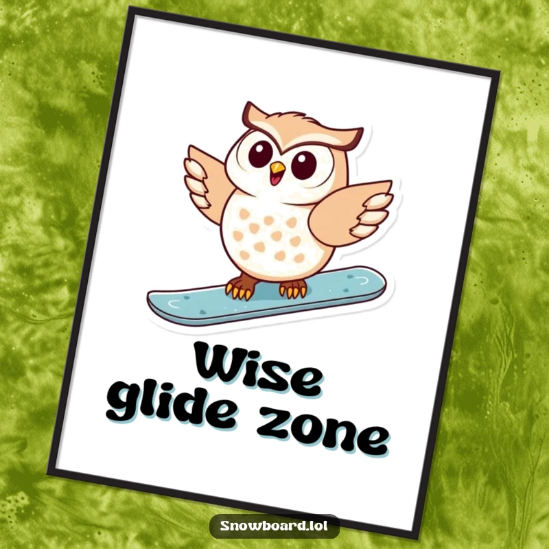 Funny poster illustrating a delighted owl performing a snowboard trick, showcasing dynamic movement and playful energy.
