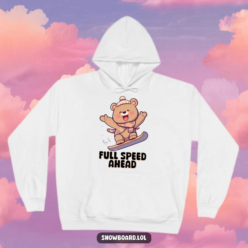 Funny playful bear catching air, cozy hoodie, extreme snowboard theme, ideal funny gift for cold weather.