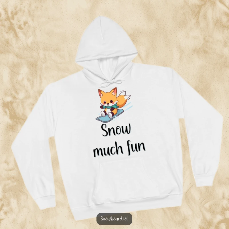 Funny cheerful fox wearing scarf, cozy hoodie, winter snowboard theme, ideal funny gift for cold weather.