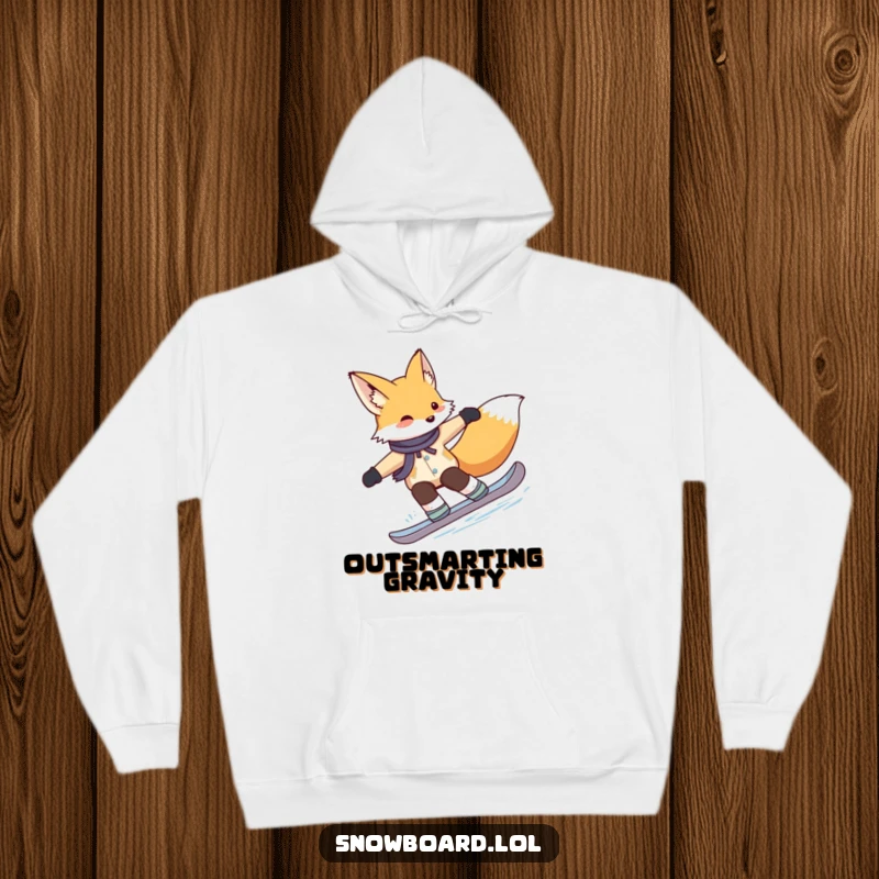 Funny fox hoodie, depicted gracefully carving turns on a snowboard, radiating sly confidence and winter sports skill.