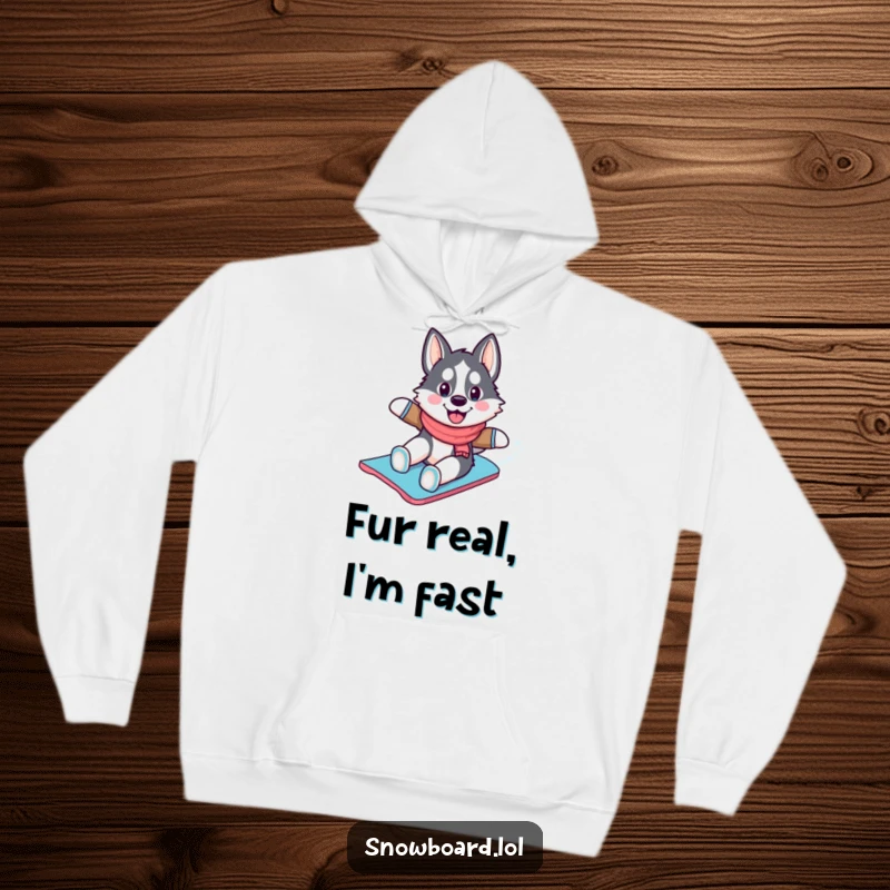 Funny husky hoodie, depicted sliding down a snowy slope on a snowboard, radiating winter excitement and pure doggy delight.