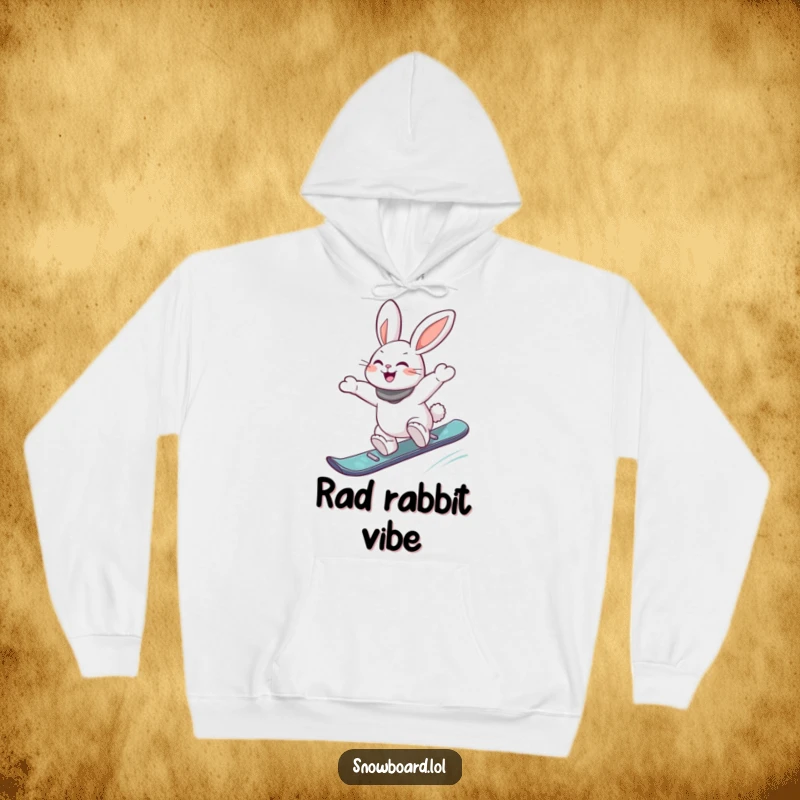 Funny hoodie featuring an energetic rabbit executing a joyful jump off a snowboard, exuding a sense of freedom and extreme sports passion.