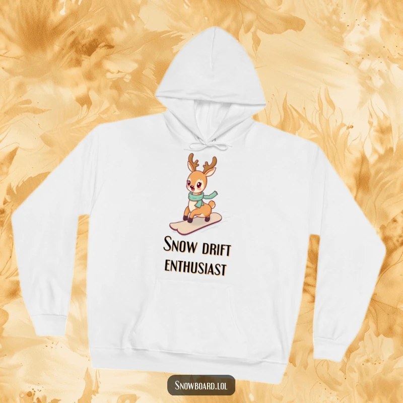Funny deer in a relaxed snowboarding pose on a gentle slope, a warm and humorous hoodie.