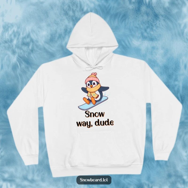 Funny happy penguin wearing scarf, cozy hoodie, winter snowboard theme, ideal funny gift for cold weather.