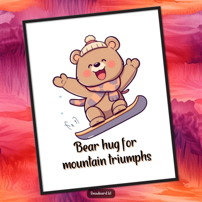 Funny Free Printable Wall Art: Playful bear in mid-air on a snowboard, expressing pure joy and excitement.