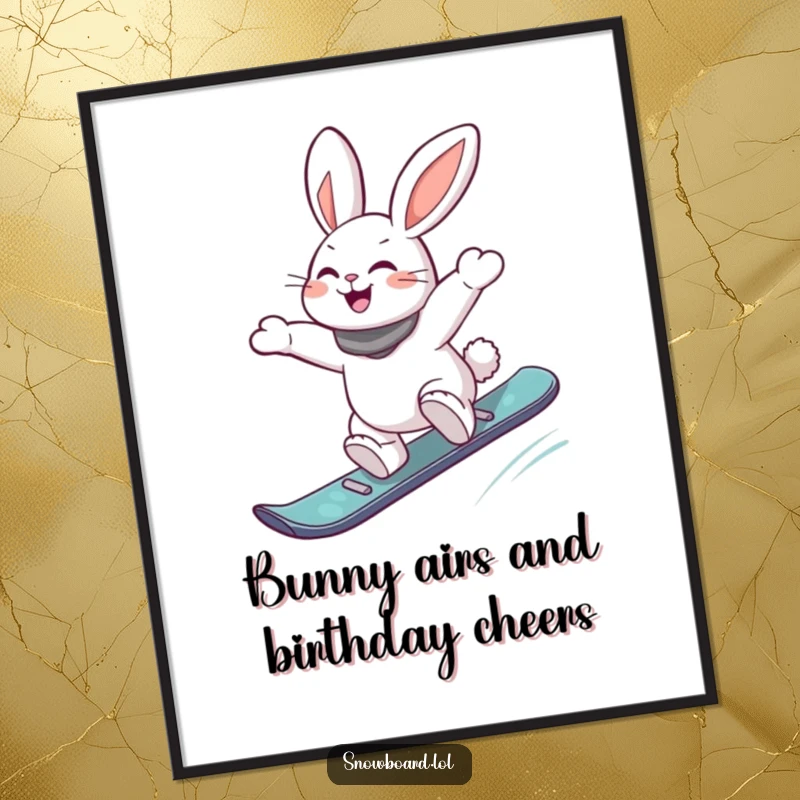 Funny Free Printable Wall Art: Energetic snowboard rabbit mid-jump, capturing thrill and humor, high-quality download.