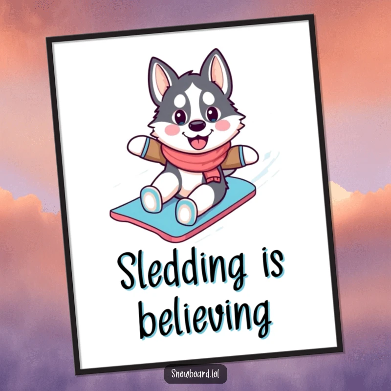 Funny Free Printable Wall Art: A cheerful husky energetically snowboarding down a snow-covered mountain, embodying winter fun and snowy adventure.