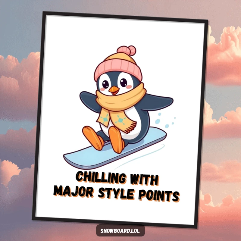 Funny Free Printable Wall Art: Happy penguin wearing a scarf, zooming downhill on a snowboard with a joyful, energetic look.