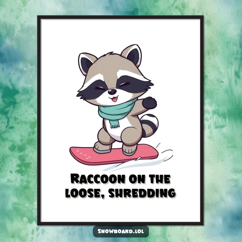 Funny Free Printable Wall Art: Winking raccoon performing a small, stylish jump on a snowboard.