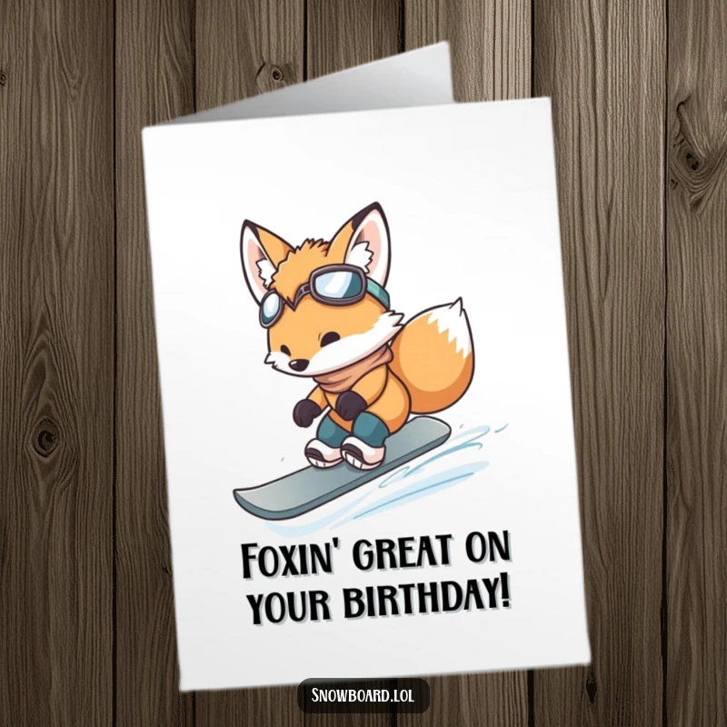 Funny Free Printable Birthday Card: Brave fox cub in mid-air jump on snowboard, ready to shred.