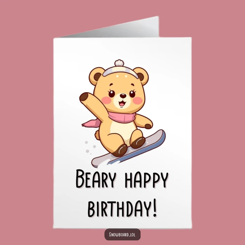 Free Printable Birthday Card: Playful Bear Cub Snowboarder for a Fun Downloadable Gift