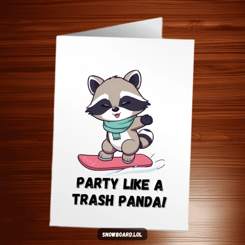 Funny Free Printable Birthday Card: Winking raccoon mid-air on a snowboard, performing a small celebratory jump.