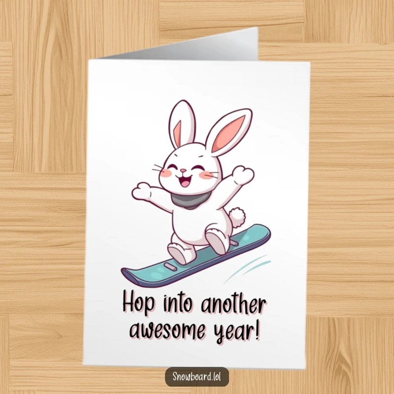 Funny Free Printable Birthday Card: Energetic rabbit mid-air jump off snowboard, extreme sports humor, downloadable.