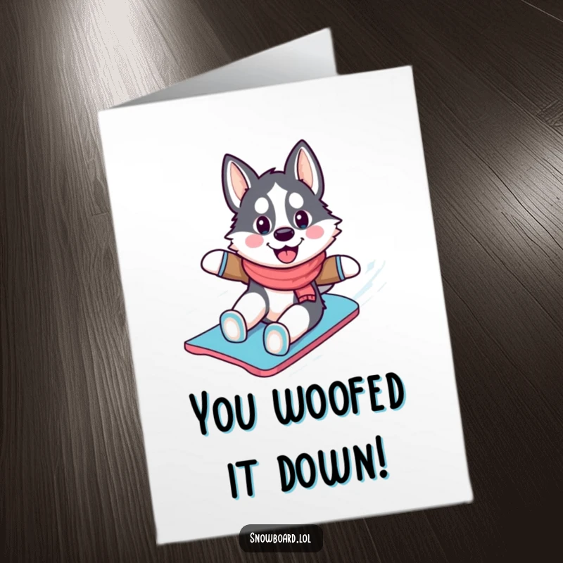 Funny Free Printable Congrats Card: A cheerful husky expertly snowboarding down a snowy mountain, celebrating a great achievement with pure joy.