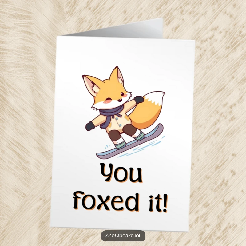 Funny Free Printable Congrats Card: A cute fox executing graceful snowboard turns, celebrating an achievement with elegant style and precision.