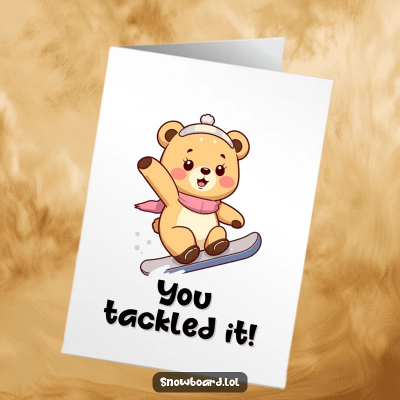 Funny Free Printable Congrats Card: A playful bear cub successfully landing a snowboard trick, celebrating a fantastic accomplishment with adorable flair.