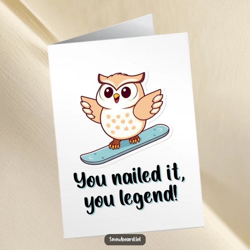 Funny Free Printable Congratulations Card: Joyful owl shredding a snowboard, celebrating success with style.