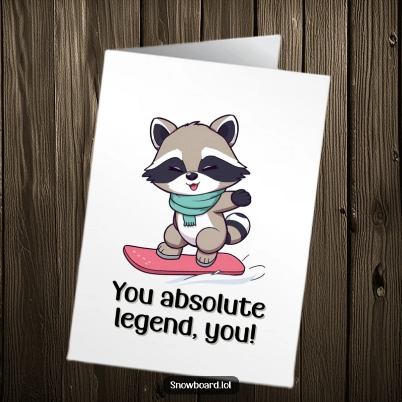 Funny Free Printable Congratulations Card: Winking raccoon lands a snowboard jump, celebrating a big win.