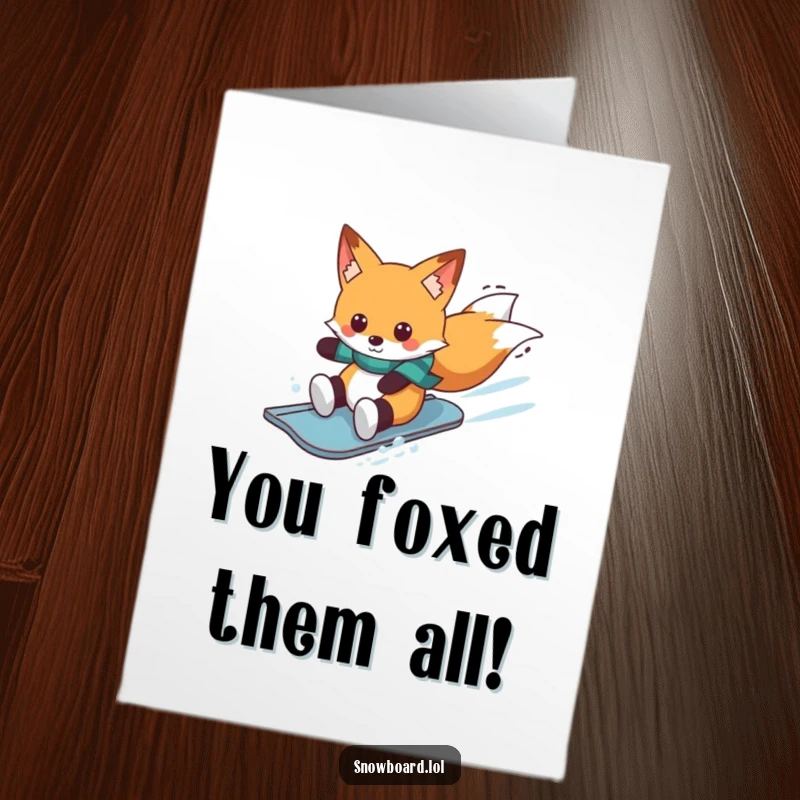 Funny Free Printable Congratulations Card: Cheerful fox snowboarding downhill, signifying a successful run.