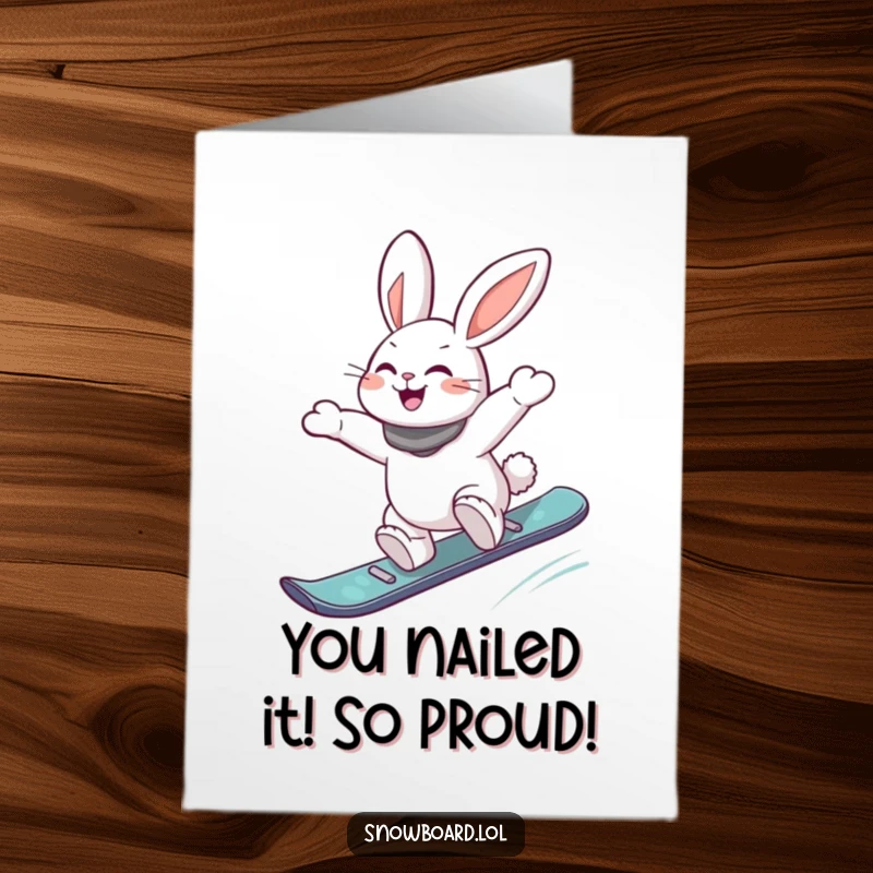 Funny Free Printable Congrats Card: Snowboard rabbit celebrating a jump, conveying excitement and achievement, downloadable.