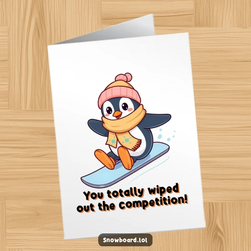 Funny Free Printable Congratulations Card: Happy penguin in scarf snowboarding downhill, signifying a cool achievement.