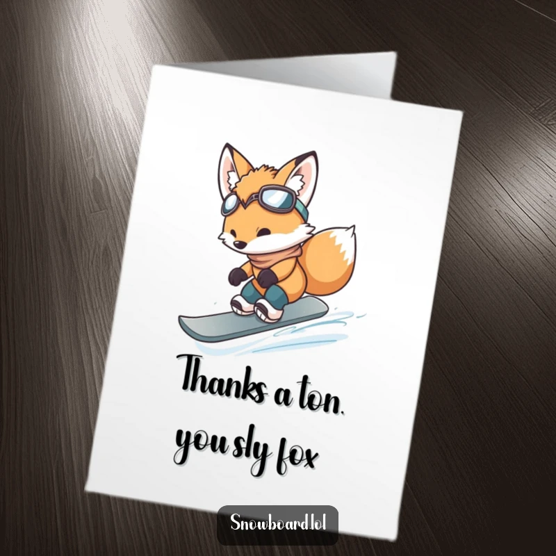 Funny Free Printable Thank You Card: Adorable fox cub on snowboard catching air with a thankful expression.