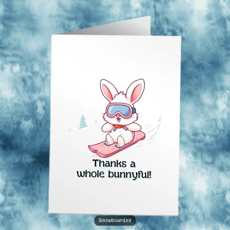 Funny Free Printable Thank You Card: A fluffy bunny in goggles snowboards down a hill, sending thanks with a cheerful expression.