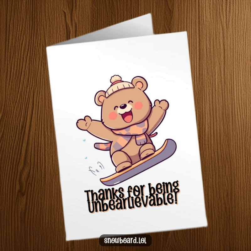 Funny Free Printable Thank You Card: Playful bear catching air snowboarding, offering a huge thank you.
