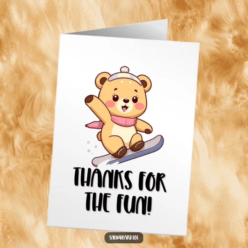 Funny Free Printable Thank You Card: A playful bear cub performing a snowboard trick, conveying thanks with a happy, adventurous spirit.
