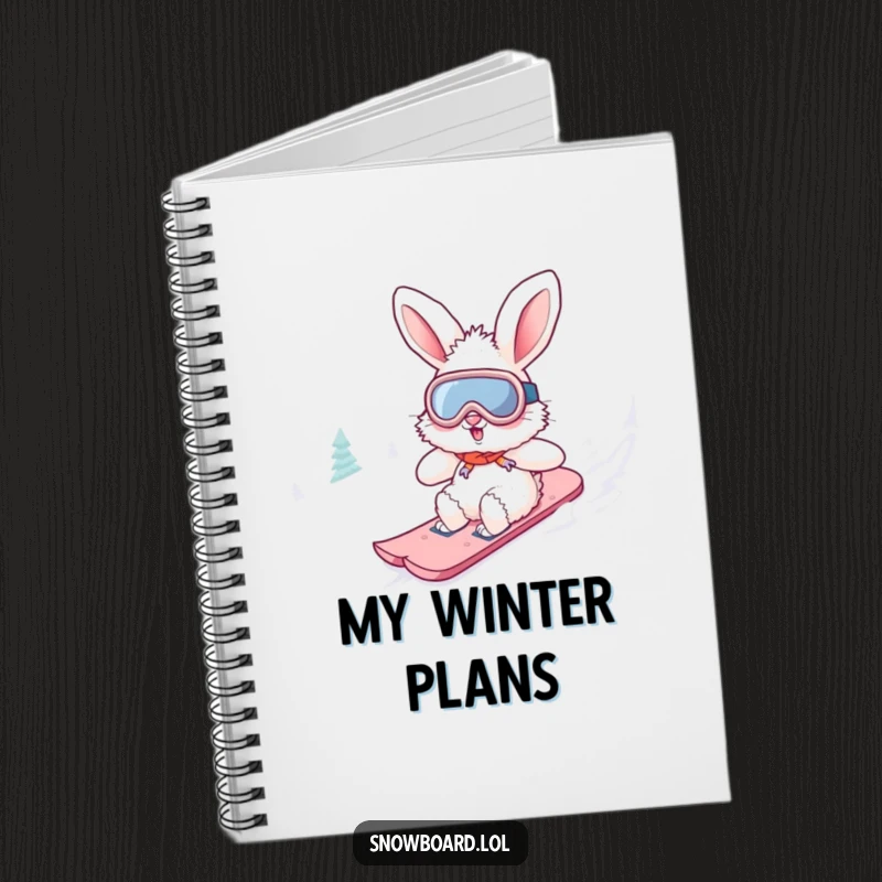 Funny fluffy bunny notebook wearing goggles, snowboarding downhill. This adventurous creature design is perfect for notes.