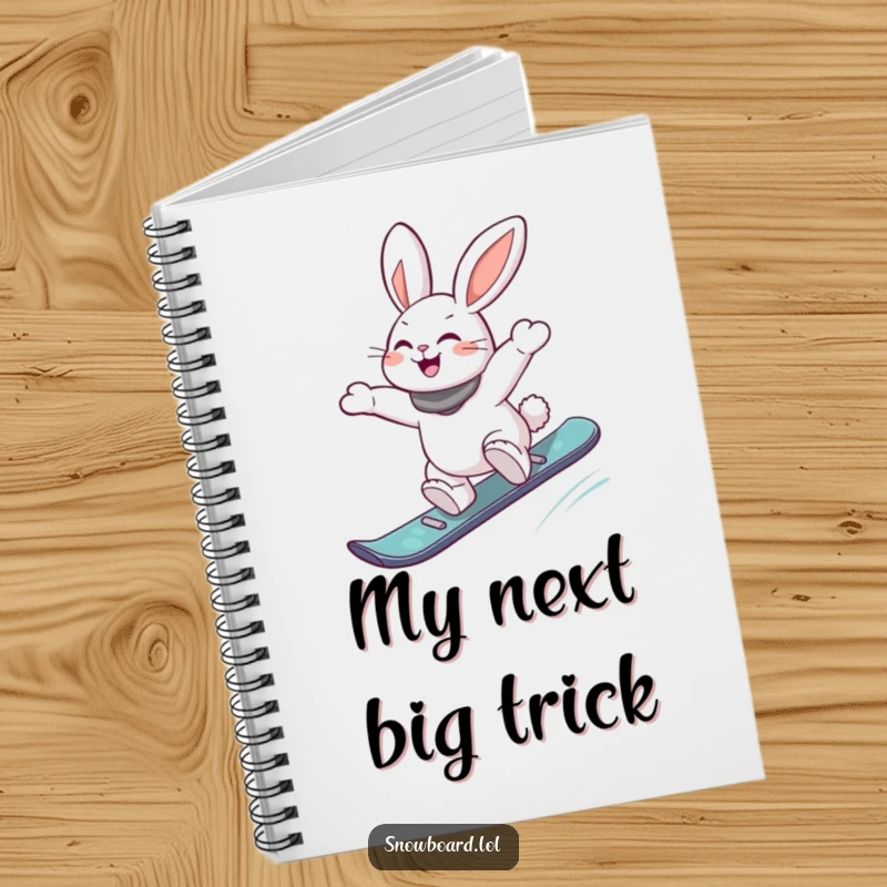 Funny notebook featuring an energetic rabbit performing a joyful jump off a snowboard, designed for jotting down notes with a sporty and humorous theme.