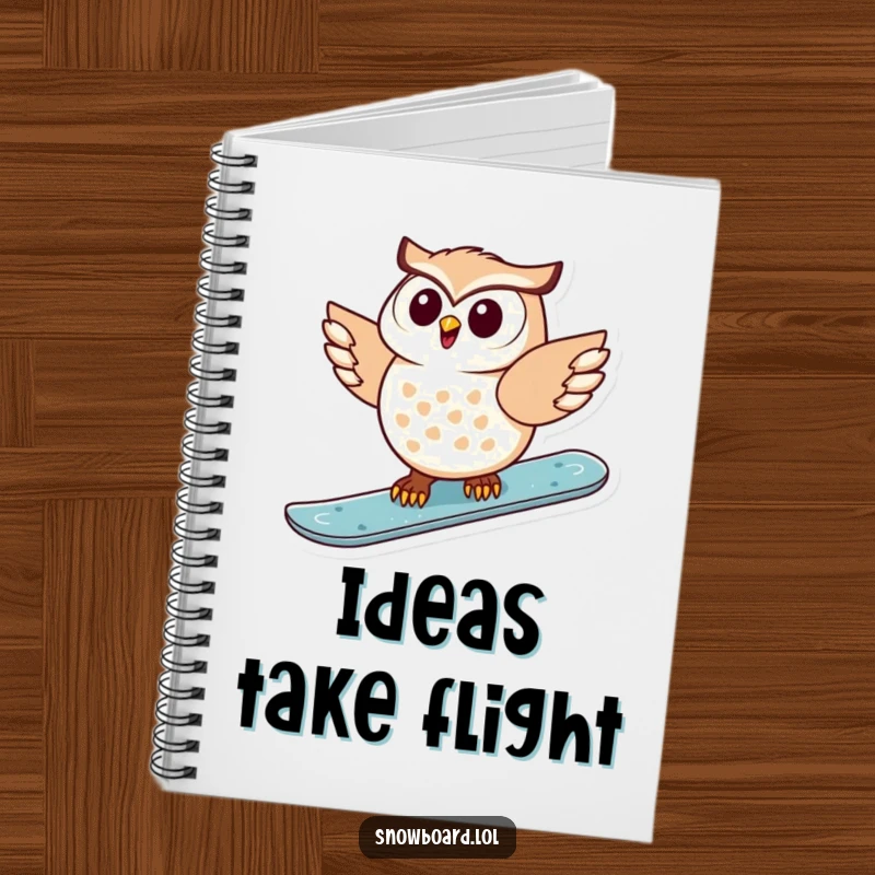 Funny notebook with a delighted owl snowboarding, inspiring creativity and joyful note-taking.