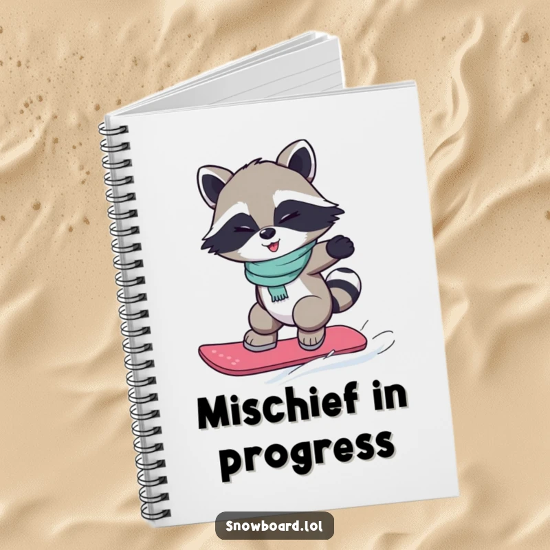 Funny notebook with a winking raccoon snowboarding, perfect for jotting down notes and mischievous plans.