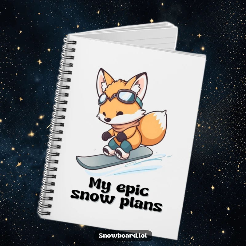 Funny fox cub mid-jump on a snowboard, inspiring creative and funny notes.