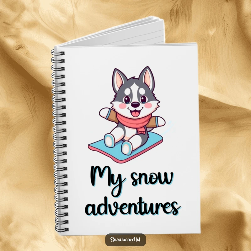 Funny husky notebook, cheerfully snowboarding down a snowy slope, designed for capturing winter adventure ideas and snowy daydreams.