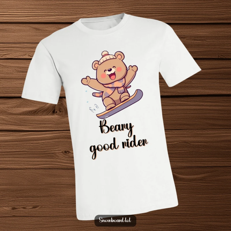 Funny playful bear on snowboard catching air, extreme sports t-shirt, joyful expression, great funny gift.