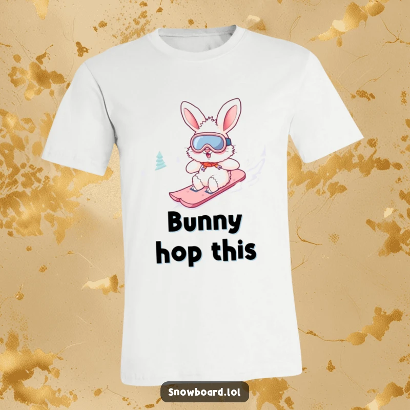 Funny fluffy bunny t-shirt wearing goggles, snowboarding downhill. This adventurous creature design is humorous and cool.