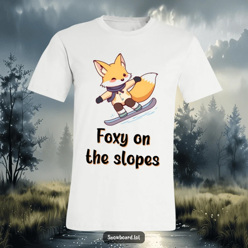Funny fox t-shirt, gracefully carving turns on a snowboard, radiating smooth style and winter sports finesse.