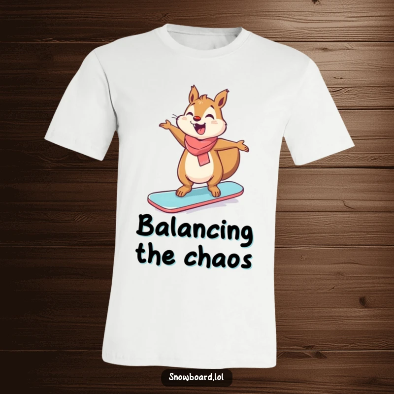 Funny giggling squirrel in a precarious balancing act on a snowboard, arms wide.