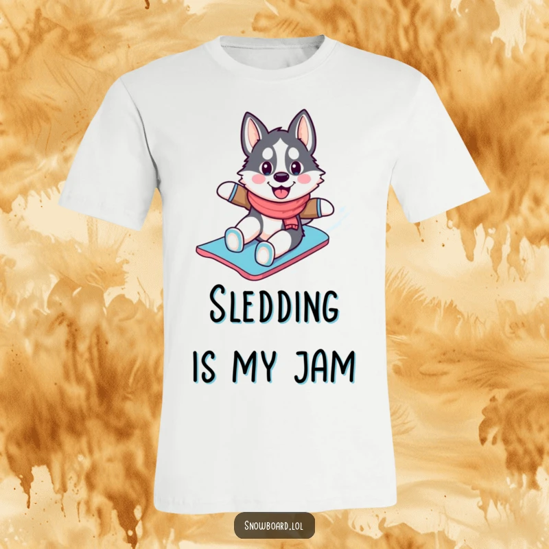 Funny husky t-shirt, happily snowboarding down a snowy slope, radiating pure winter fun and effortless cool.