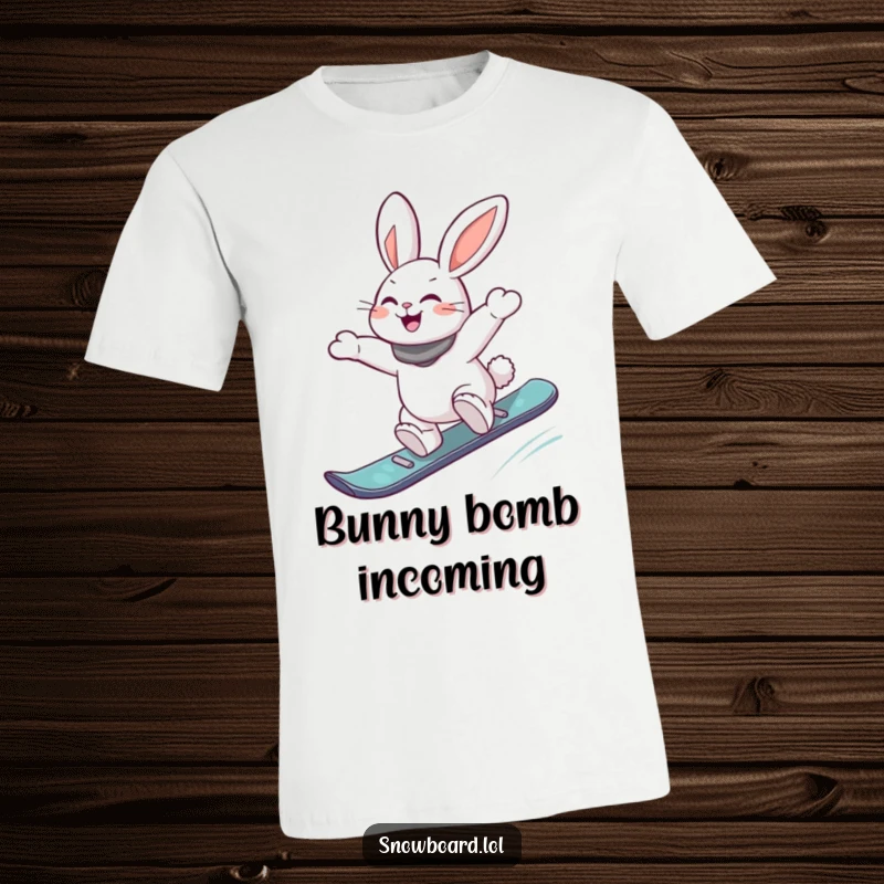 Funny t-shirt with an energetic rabbit mid-air, joyfully jumping off a snowboard, capturing the excitement of extreme sports and pure fun.