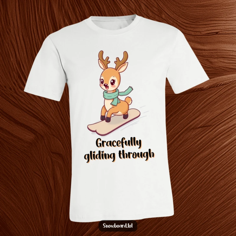 Funny cheerful deer snowboarding smoothly on a gentle slope, radiating joy and fun.