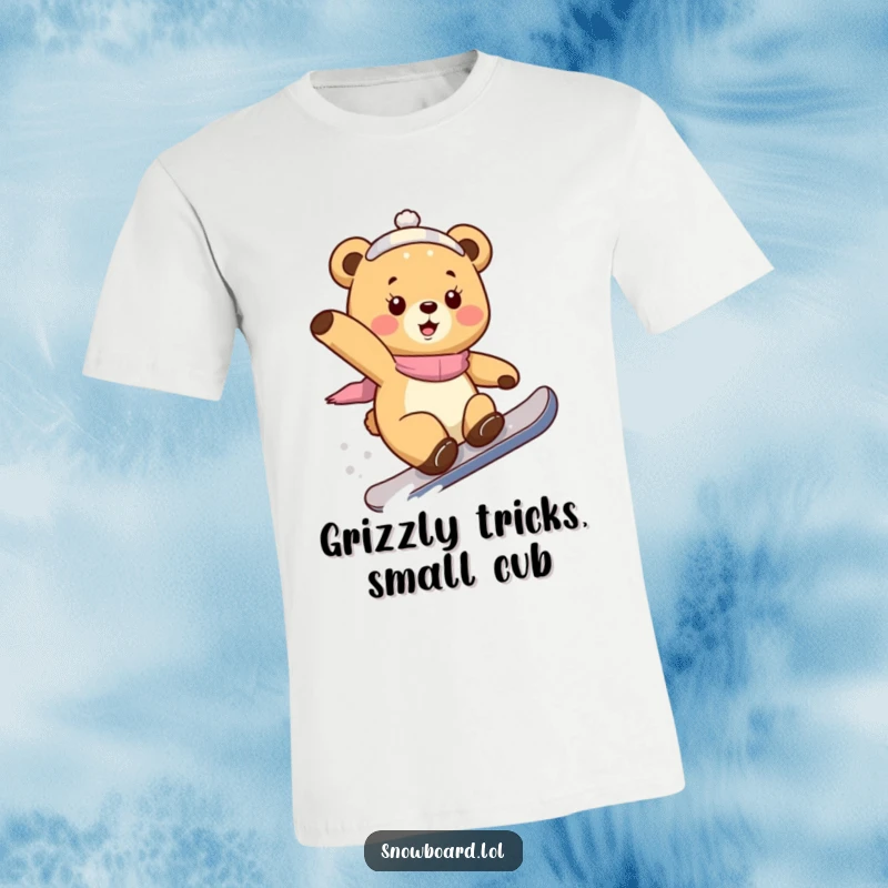 Funny bear cub t-shirt, gleefully performing a snowboard trick, radiating playful energy and winter sports mastery.