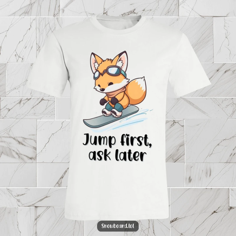 Funny fox cub performing a small jump on a snowboard, conveying bravery and playful action.