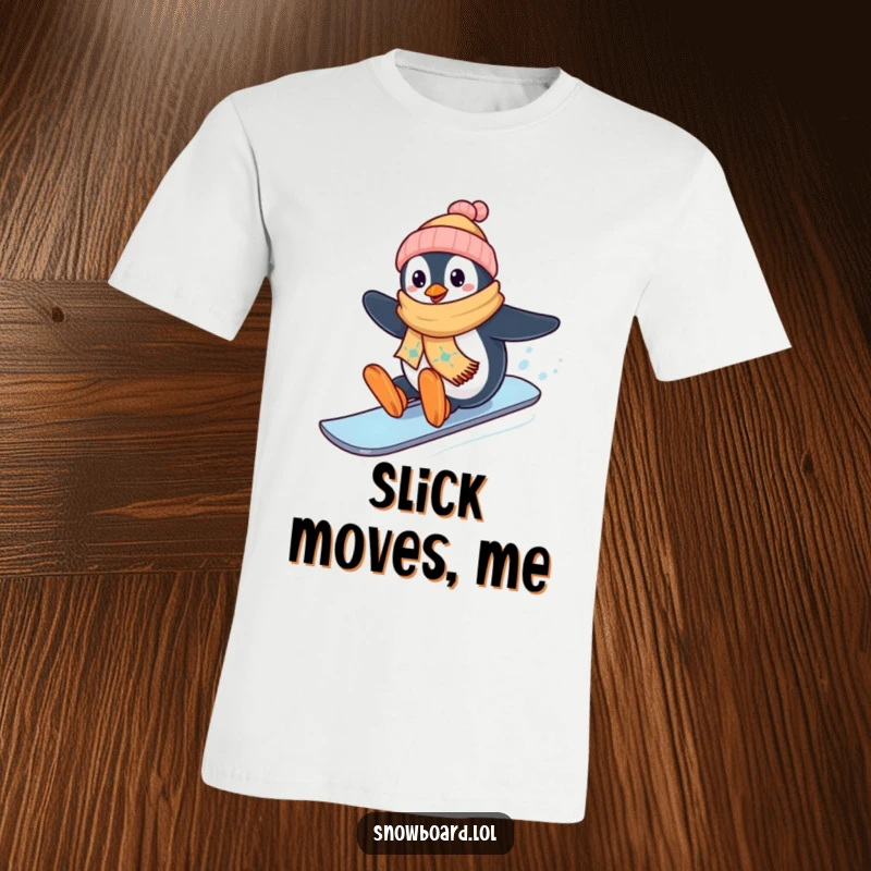 Funny happy penguin on snowboard, winter t-shirt, cheerful character, great funny gift for snowboarders.