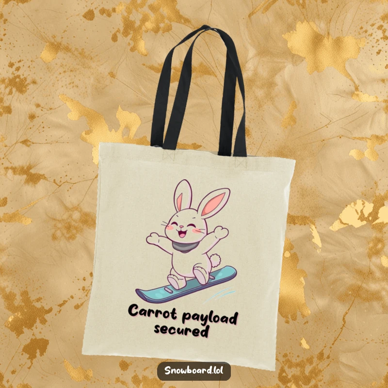 Funny tote bag depicting an energetic rabbit joyfully jumping off a snowboard, ideal for carrying essentials with a sporty and humorous flair.